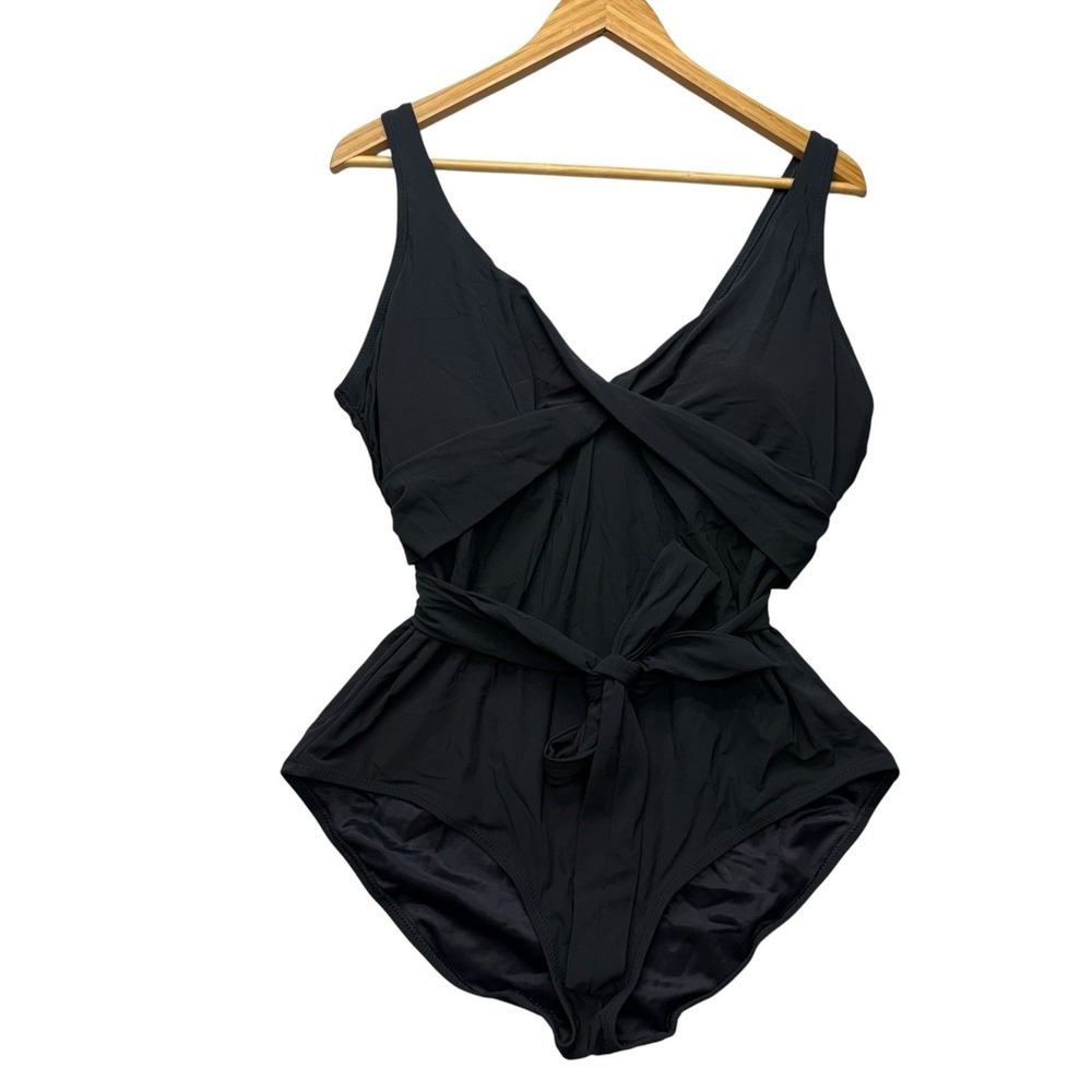 Lands End Womens Swimsuit 14 Black One Piece Swim Tie Waist Knot Shelf Bra